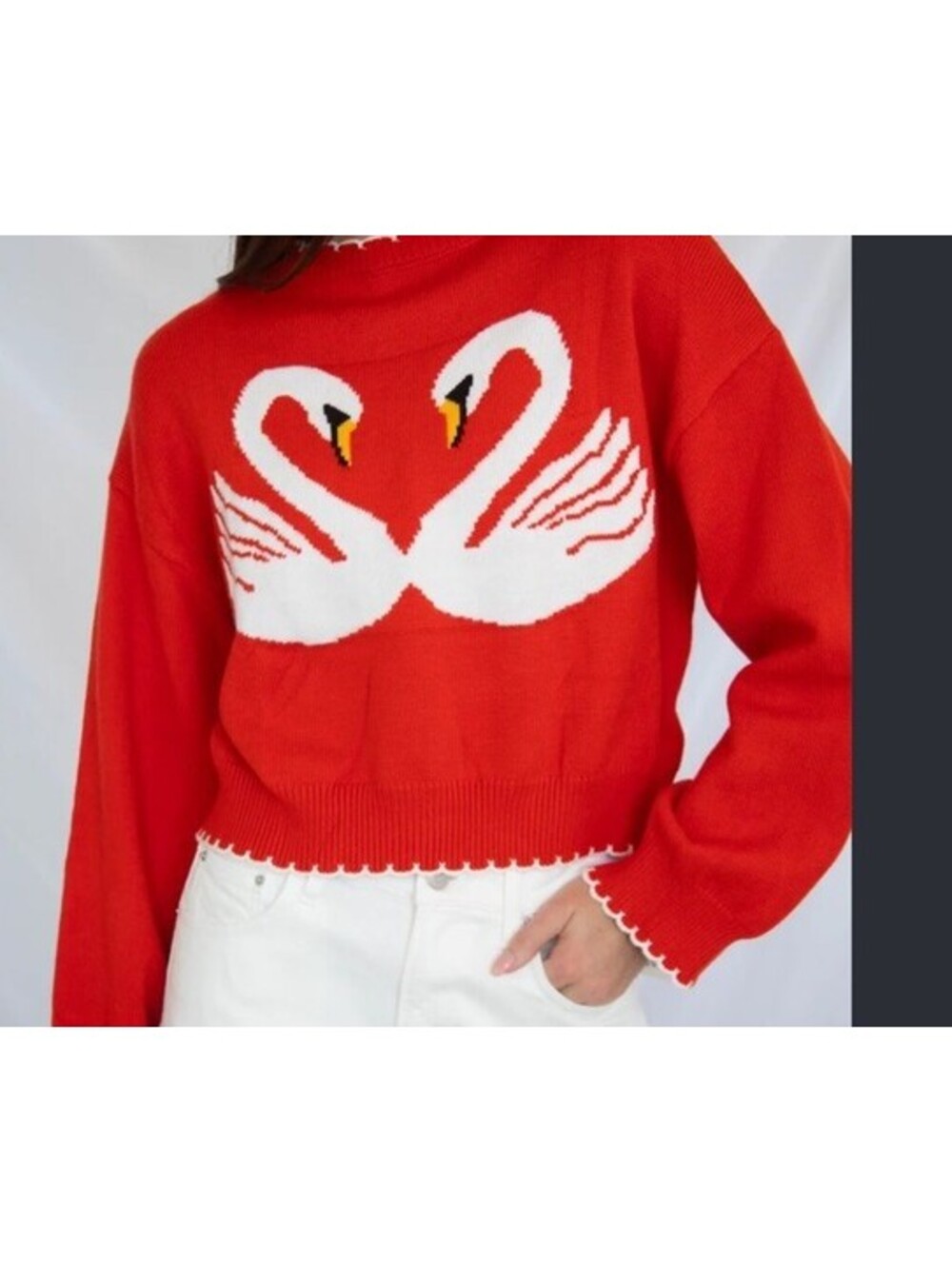 New Luna Ivy Red Sweater with White Swan Design, Size M